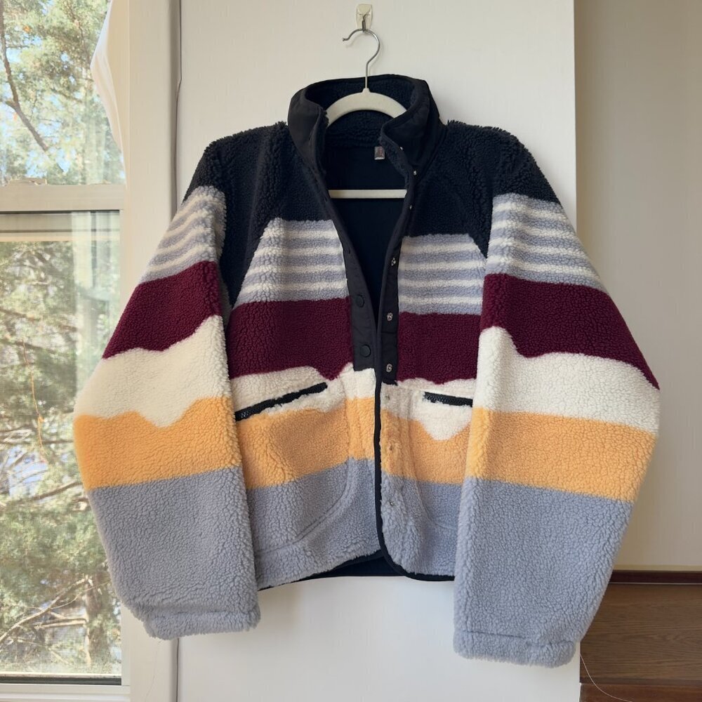 Free People Movement Hit The Slopes Printed Fleece Jacket Papaya Stripe Small